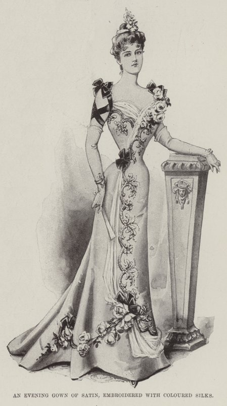 Une robe de soirée en satin, brodée de soies colorées - English School