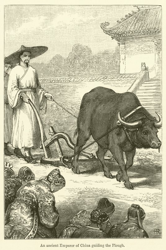 Un ancien empereur de Chine guidant la charrue (gravure) - English School