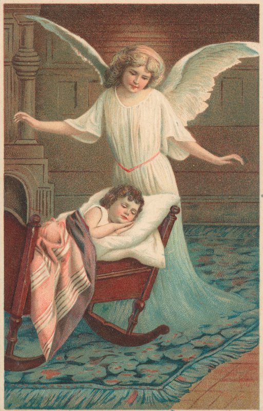 Un ange veillant sur un enfant dormant dans un berceau - English School