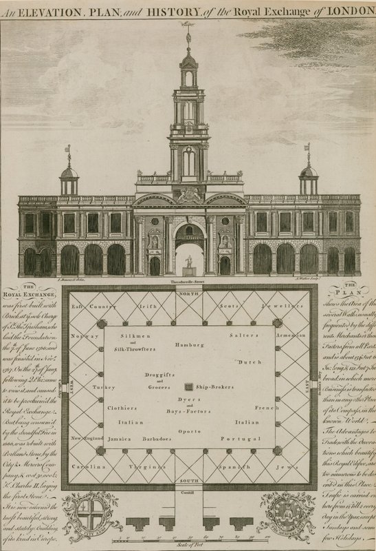 Élévation, plan et histoire du Royal Exchange, Londres - English School
