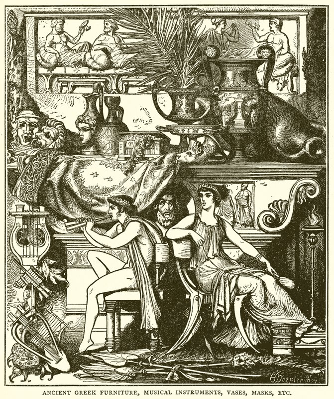 Mobilier grec ancien, instruments de musique, vases, masques, etc. (gravure) - English School