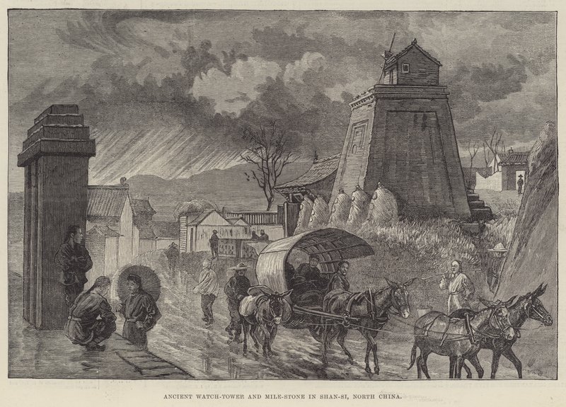 Ancienne tour de guet et borne milliaire dans le Shan-si, nord de la Chine (gravure) - English School
