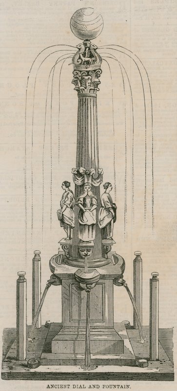 Cadran solaire et fontaine anciens, érigés en 1656 à Leadenhall Corner, Londres - English School