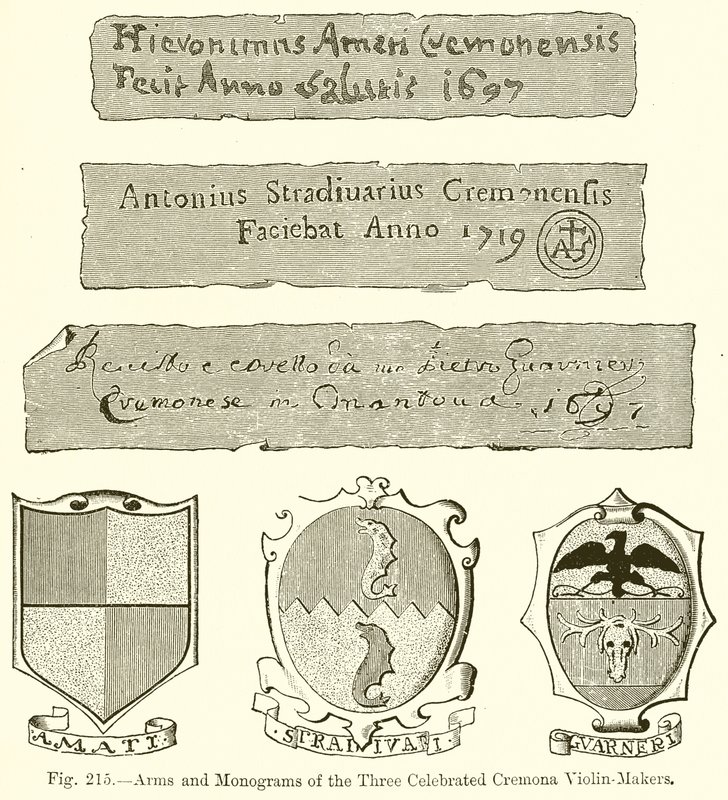 Armoiries et monogrammes des trois célèbres luthiers de Crémone - English School