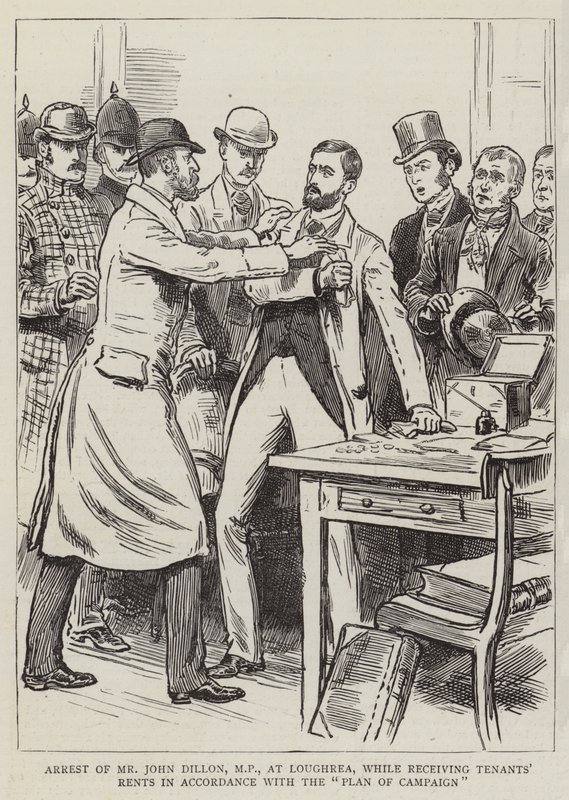 Arrestation de M. John Dillon, MP, à Loughrea, lors de la réception des loyers des locataires conformément au "Plan de campagne" (gravure) - English School