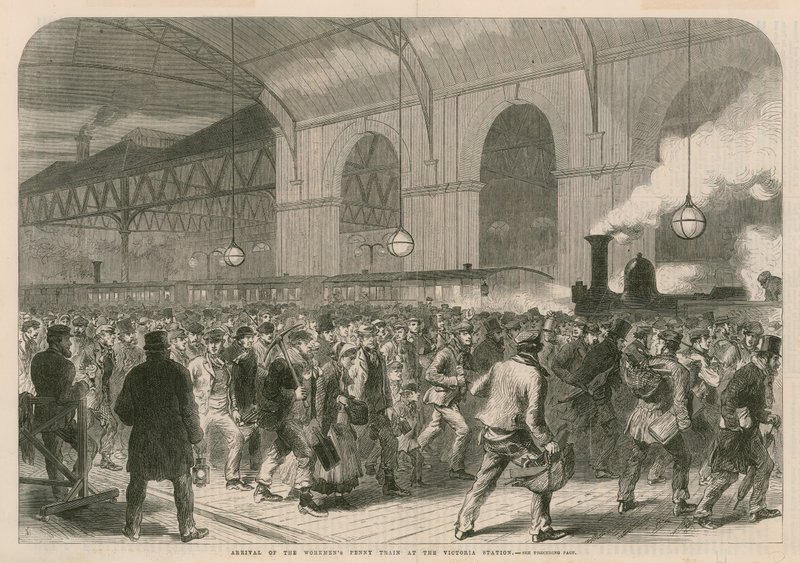 Arrivée du train des ouvriers à un sou à la gare Victoria - English School