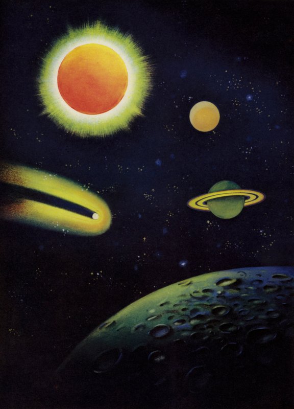 Objets astronomiques : le Soleil, montrant sa couronne ; les planètes Mars et Saturne ; la comète de Coggia ; la surface de la Lune - English School