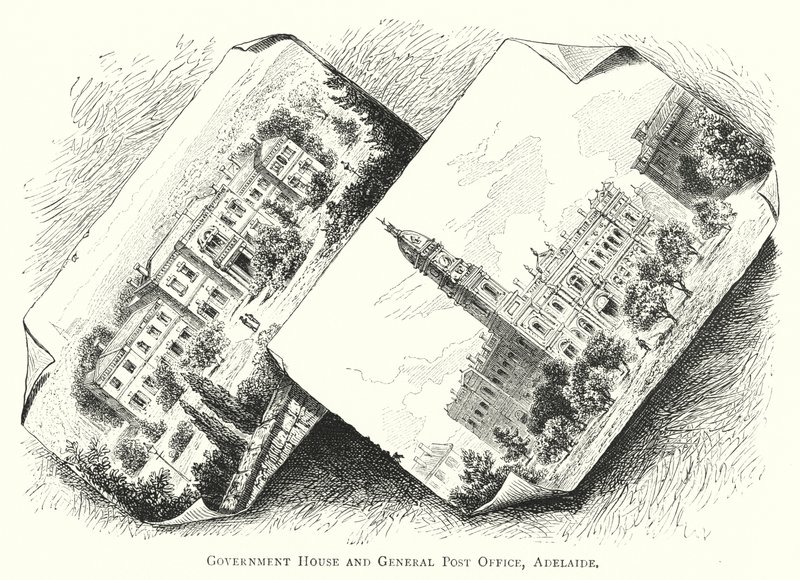 Australie : Government House et General Post Office, Adélaïde (gravure) - English School
