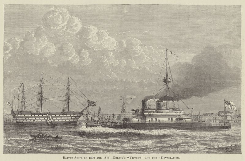Navires de combat de 1800 et 1875, le "Victory" et le "Devastation" de Nelson (gravure) - English School
