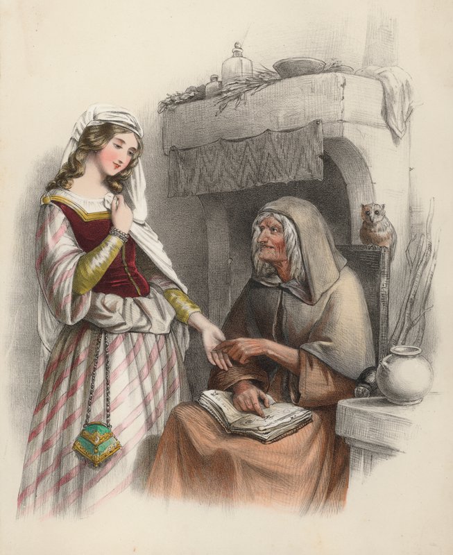 Belle jeune fille rendant visite à une sorcière pour la consulter sur l
