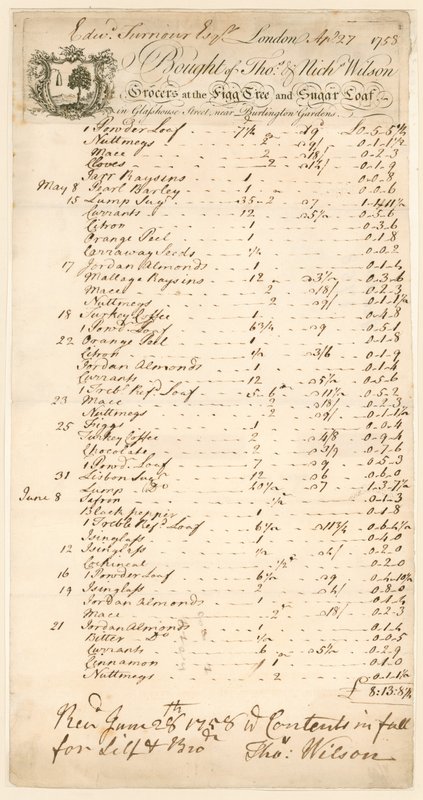Facture pour des marchandises achetées chez Thomas & Nicholas Wilson, épiciers - English School