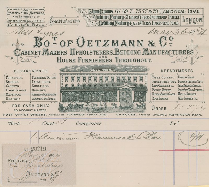 Facture de Oetzmann & Co, fabricants de meubles, tapissiers, fabricants de literie et fournisseurs de maison - English School