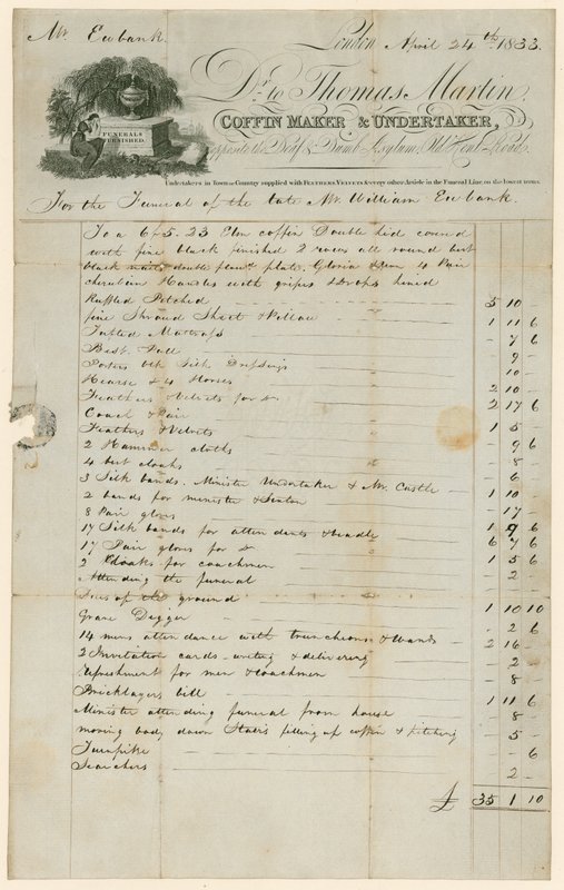 Facture de Thomas Martin, fabricant de cercueils et entrepreneur de pompes funèbres, pour les funérailles de M. William Eubank - English School