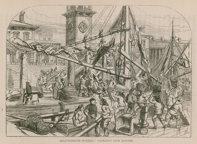 Marché de Billingsgate, débarquement de poissons - English School