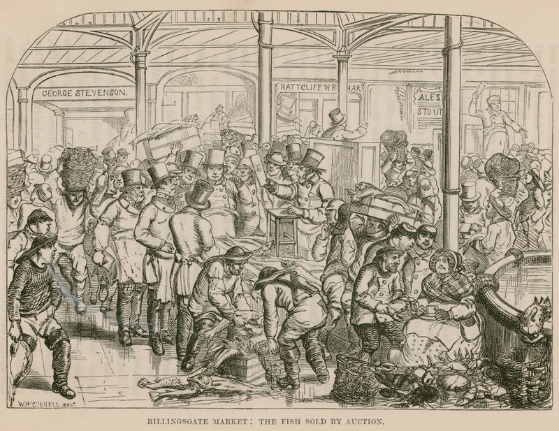 Marché de Billingsgate, vente de poissons aux enchères - English School