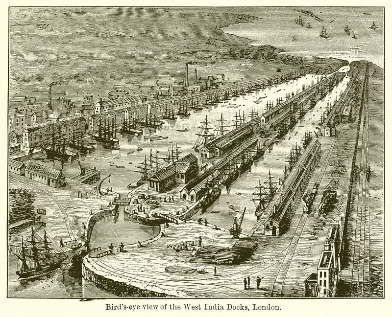 Vue aérienne des docks des Indes occidentales, Londres - English School