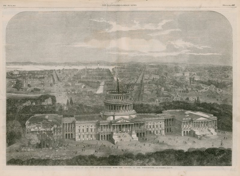 Vue aérienne de la ville de Washington, avec le Capitole au premier plan - English School