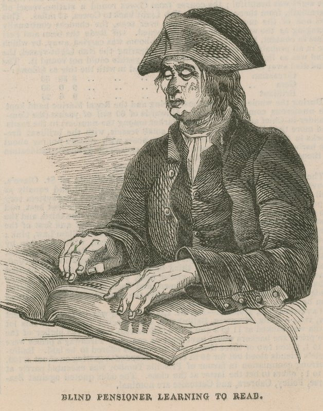 Retraité aveugle apprenant à lire (gravure) - English School