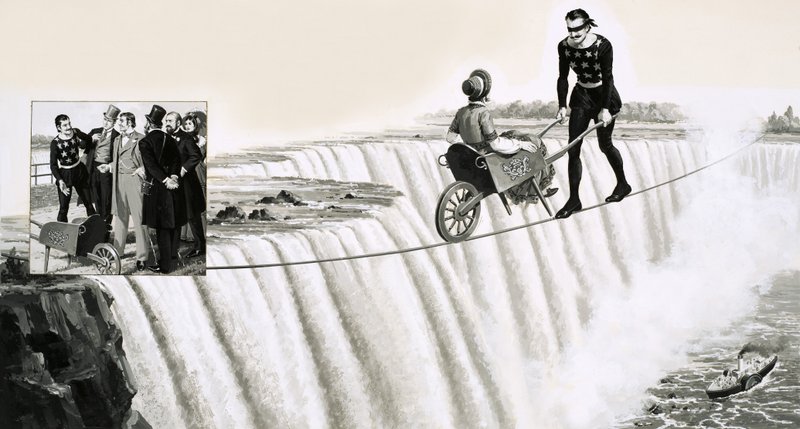 Blondin (François Gravelet) pousse une brouette sur une corde raide au-dessus des chutes du Niagara - English School