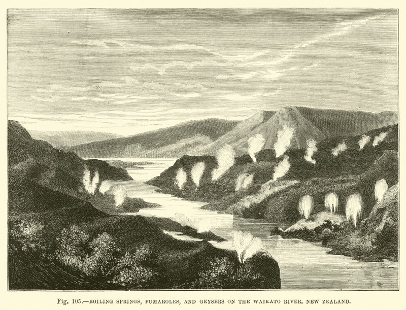 Sources bouillonnantes, fumerolles et geysers sur la rivière Waikato, Nouvelle-Zélande - English School