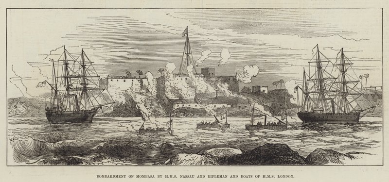 Bombardement de Mombasa par le HMS Nassau et Rifleman et les bateaux du HMS London (gravure) - English School