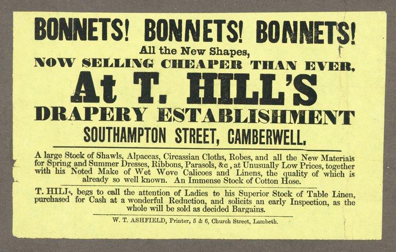 Bonnets ! Bonnets ! Bonnets ! chez T Hills, Southampton Street, Camberwell, Londres - English School