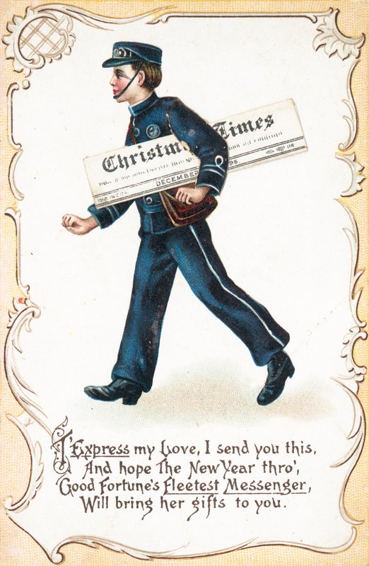 Garçon livrant le journal Christmas Times, carte de Noël - English School