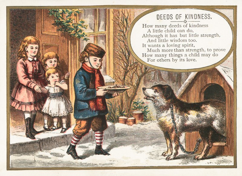 Garçon nourrissant un chien dans une niche, carte de Noël - English School