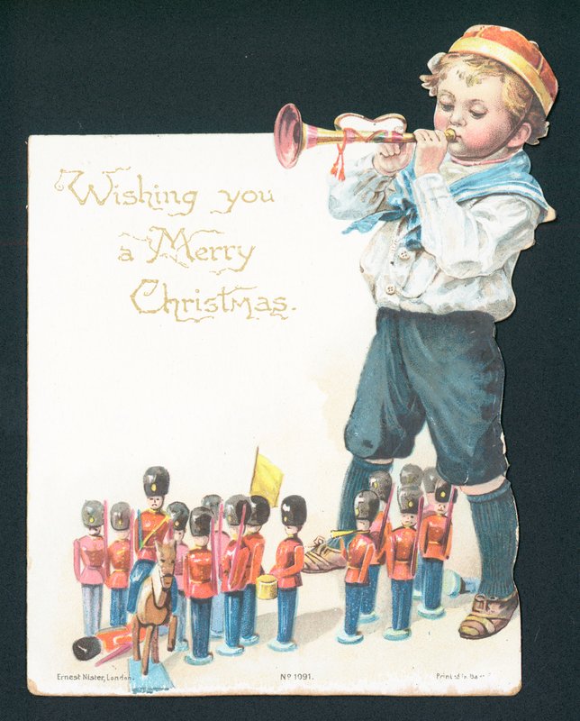 Garçon jouant avec des soldats de plomb et soufflant dans une trompette, carte de Noël - English School