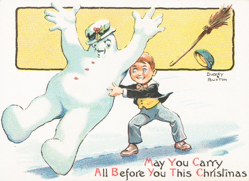 Garçon poussant un bonhomme de neige sur la glace, carte de Noël - English School
