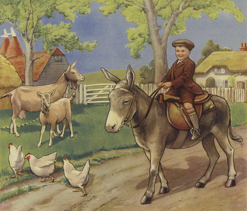 Garçon montant un âne dans la campagne anglaise - English School