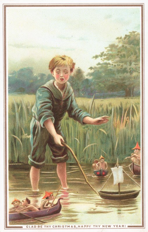 Garçon naviguant en bateau et regardant les lutins, Carte de Noël - English School