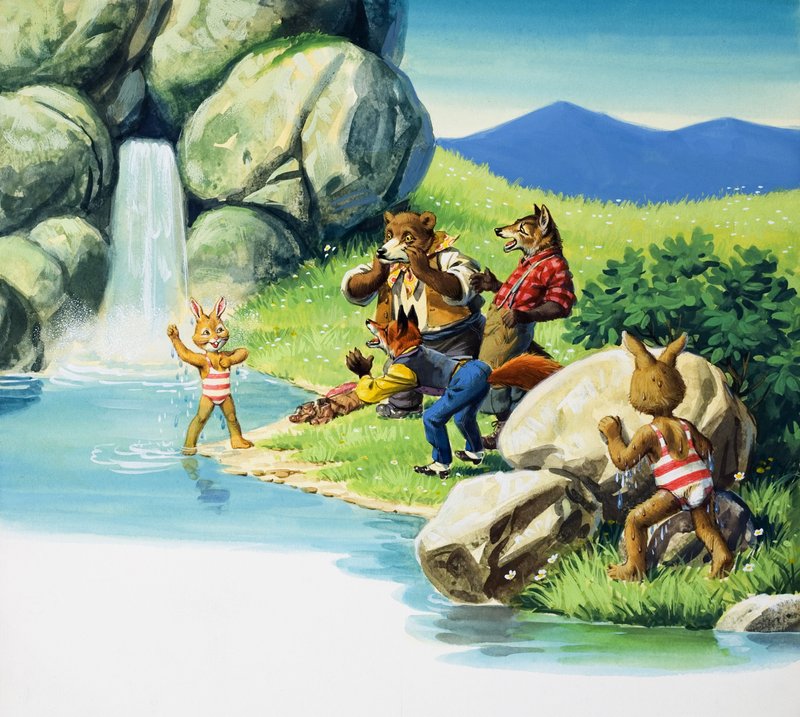 Brer Rabbit en train de nager (gouache sur papier) - English School