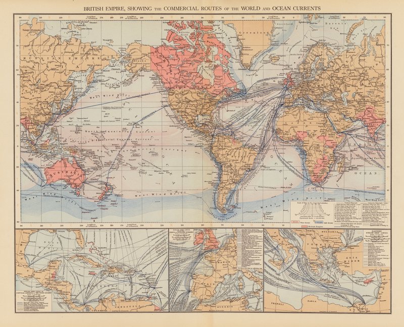 Empire britannique, montrant les routes commerciales du monde et les courants océaniques - English School