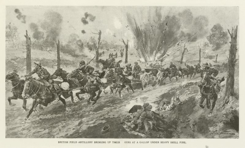 Artillerie de campagne britannique amenant leurs canons au galop sous un feu d