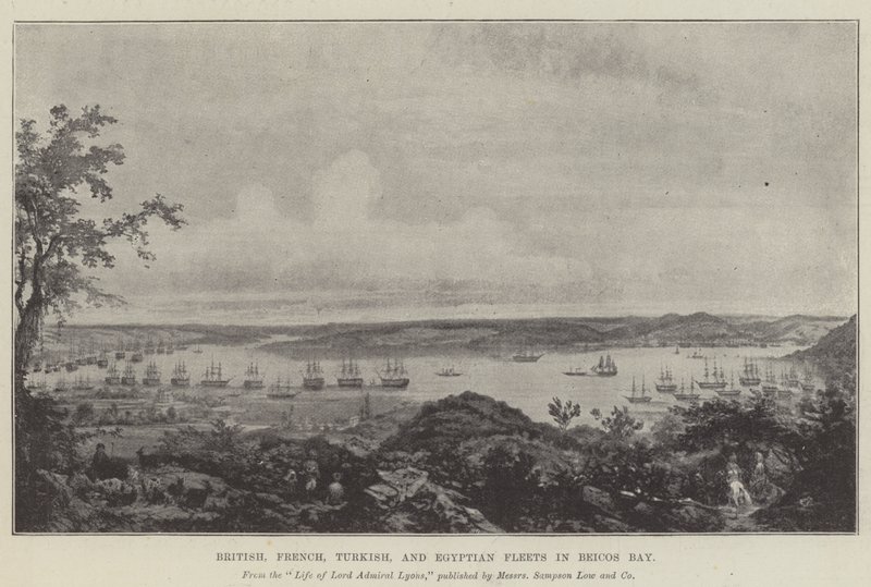Flottes britanniques, françaises, turques et égyptiennes dans la baie de Beicos (lithographie) - English School