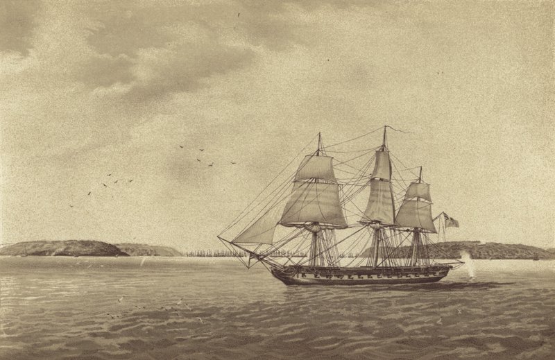 Frégate britannique HMS Fisgard, commandée par le capitaine Thomas Byam Martin, en reconnaissance au large de Brest, France - English School