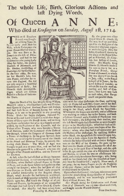 Broadsheet publié à la mort de la reine Anne - English School