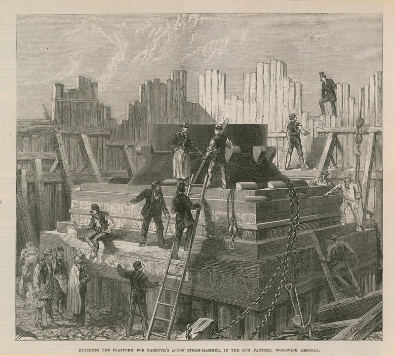 Construction de la plateforme pour le marteau à vapeur de 25 tonnes de Nasmyth - English School