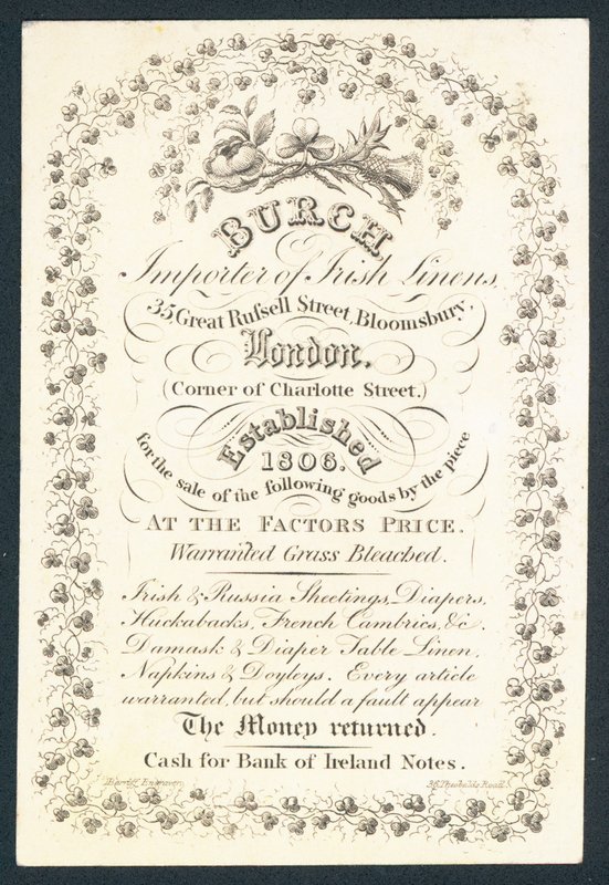 Burch, importateur de lin irlandais, carte de visite - English School