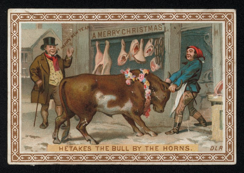 Boucher tirant un taureau dans sa boutique, carte de vœux de Noël - English School
