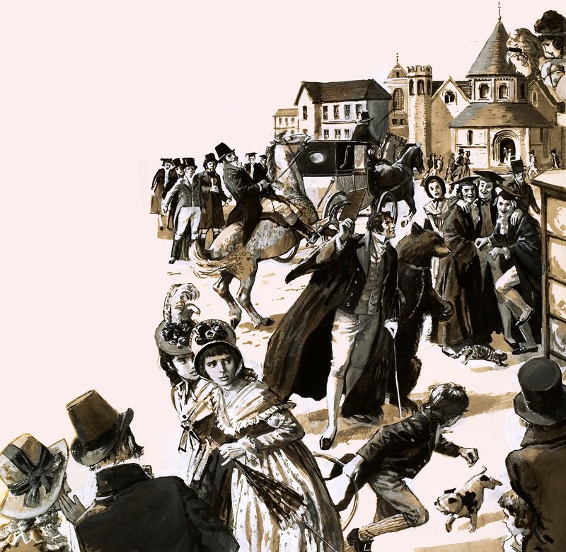 Byron a provoqué un grand émoi avec son ours de compagnie dans les rues de Cambridge (gouache sur papier) - English School