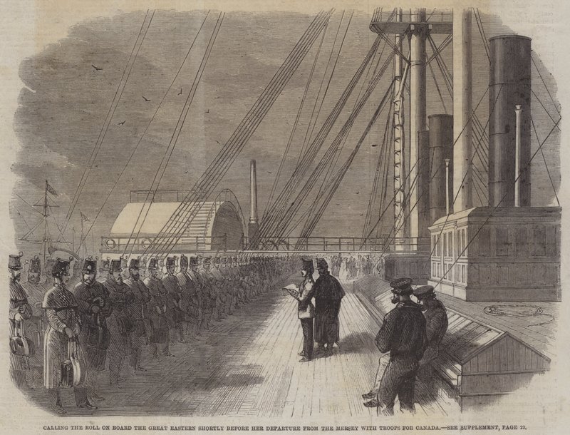 Appel à bord du Great Eastern peu avant son départ de la Mersey avec des troupes pour le Canada (gravure) - English School