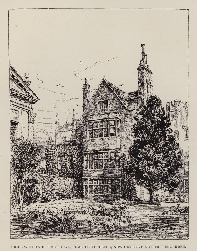 Cambridge : Fenêtre oriel du pavillon, Pembroke College, maintenant détruite, depuis le jardin - English School