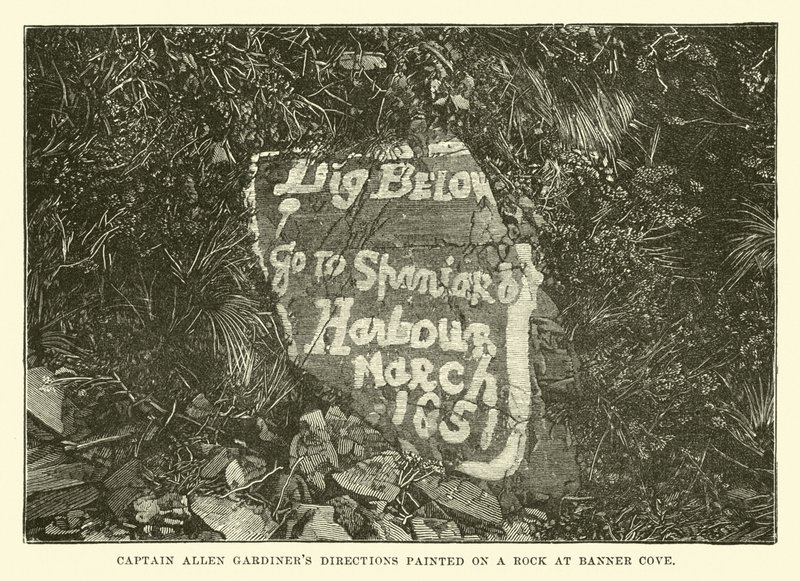Instructions du capitaine Allen Gardiner peintes sur un rocher à Banner Cove - English School