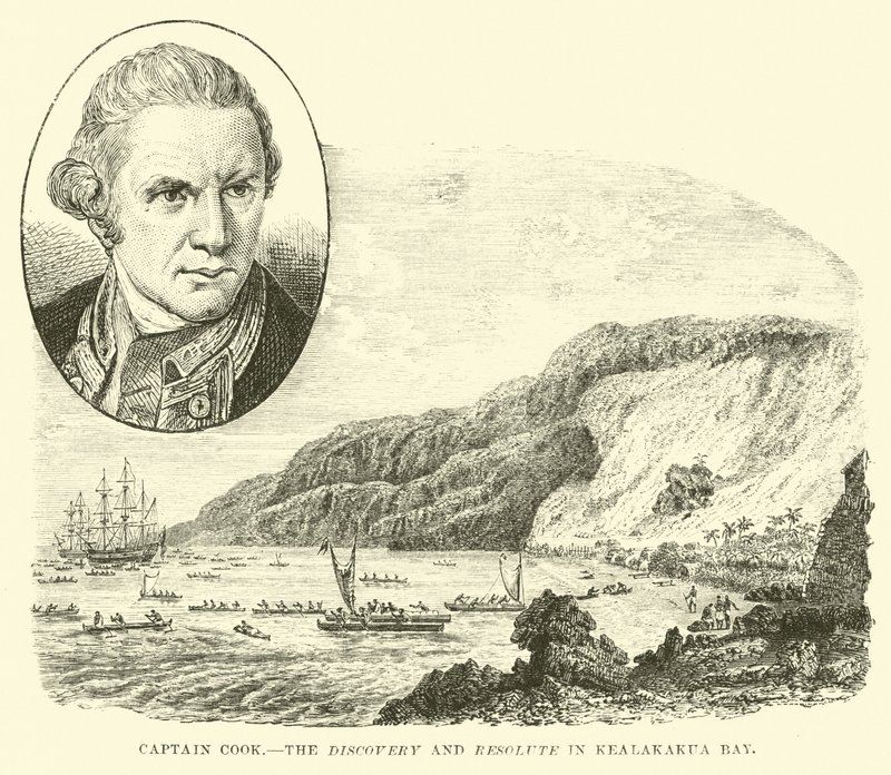 Capitaine Cook, le Discovery et le Resolute dans la baie de Kealakakua - English School