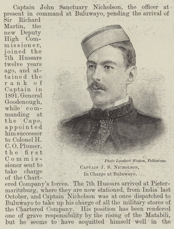 Capitaine J S Nicholson, en charge à Buluwayo (gravure) - English School