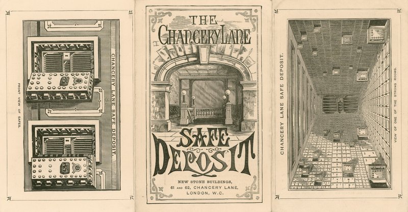 Carte publicitaire pour le Chancery Lane Safe Deposit, 61-62 Chancery Lane, Londres - English School