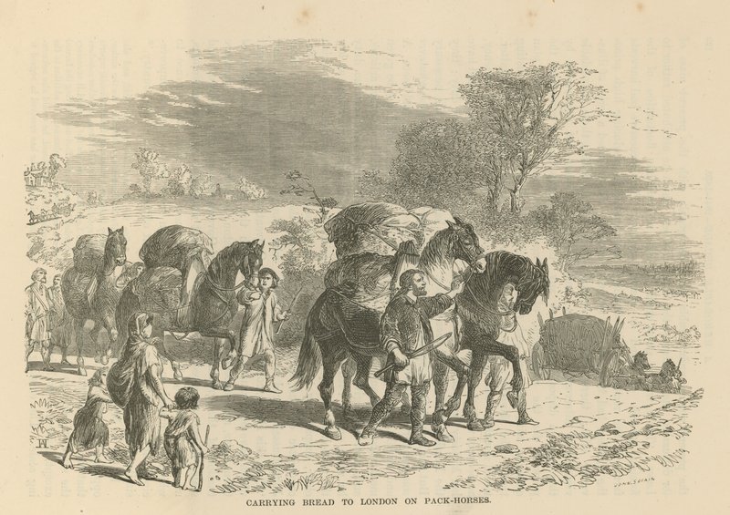 Transport du pain à Londres sur des chevaux de bât - English School