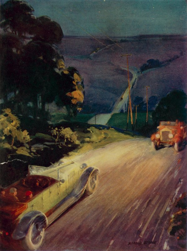Voitures qui passent dans la nuit (lithographie couleur) - English School